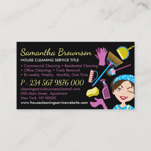 Black Janitorial Lady Girl Cleaning Appointment Business Card