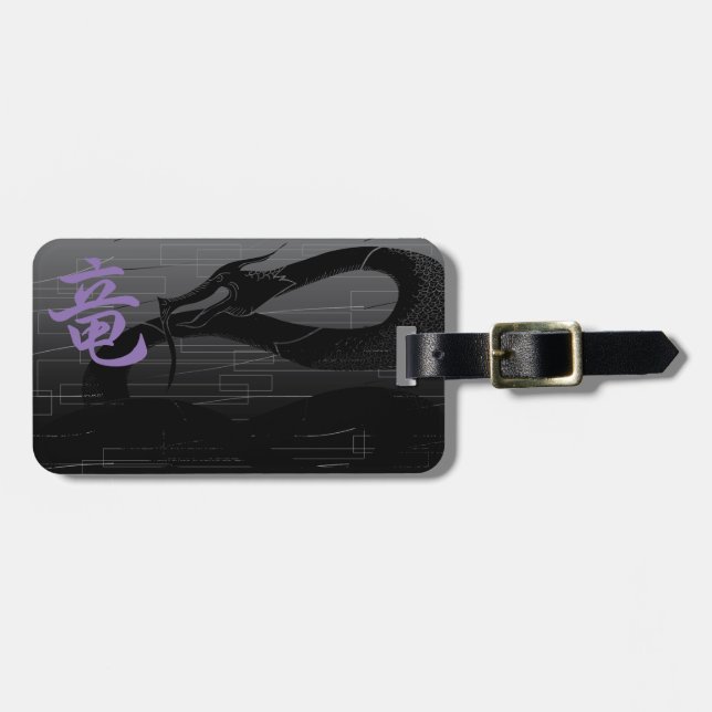 Black Japanese Dragon Gray Background Luggage Tag (Front Horizontal)