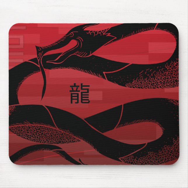 Black Japanese Dragon Red Background Mouse Pad (Front)