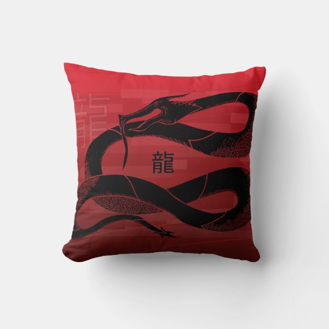 Black Japanese Dragon Red Background Throw Pillow (Front)