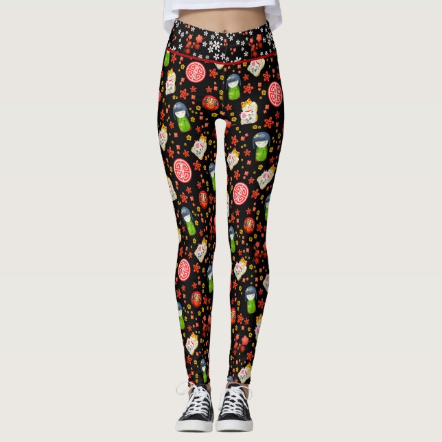 Black Japanese Maneki Neko Cat and Geisha Leggings (Front)