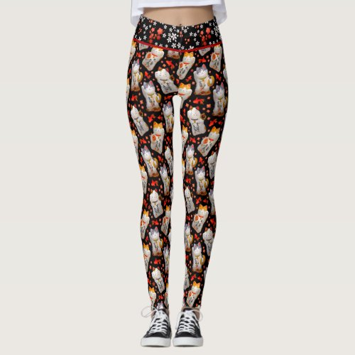 Black Japanese Maneki Neko Cat Waving Cat Leggings