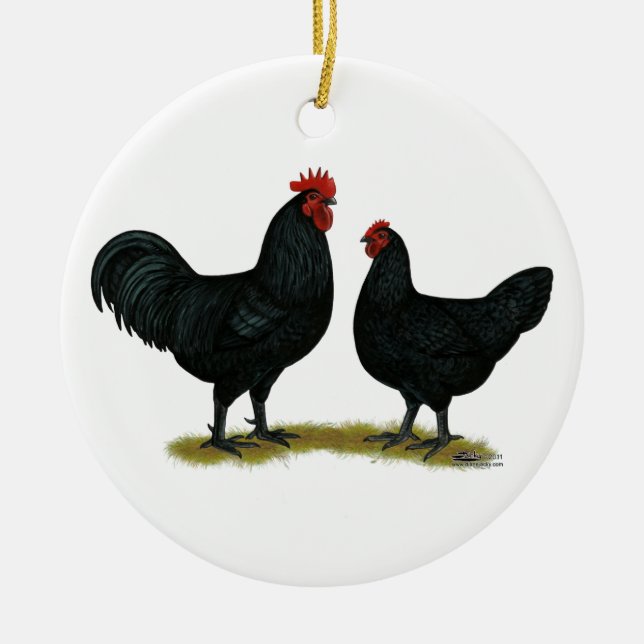 Black Java Chickens Ceramic Ornament (Front)