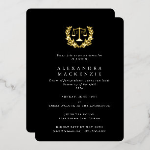 Black JD Law Scales+Laurel Wreath Graduation Party Foil Invitation