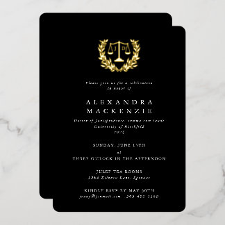 Black JD Law Scales+Laurel Wreath Graduation Party Foil Invitation