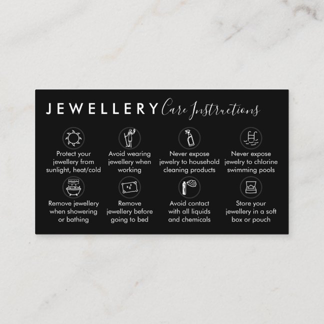 Black Jewellery Aftercare Instructions Business Card