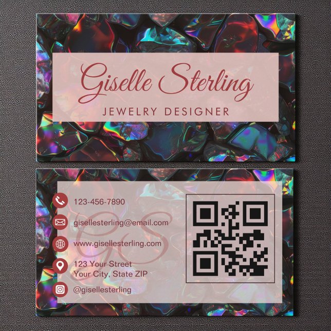  Black Jewelry Designer Opal Gemstone QR Code Business Card (Creator Uploaded)