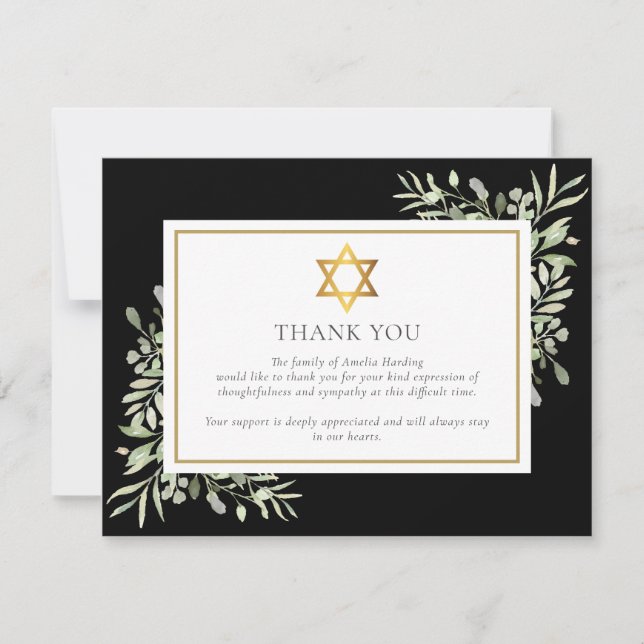 Black Jewish Funeral Memorial Gold Star Of David Thank You Card (Front)