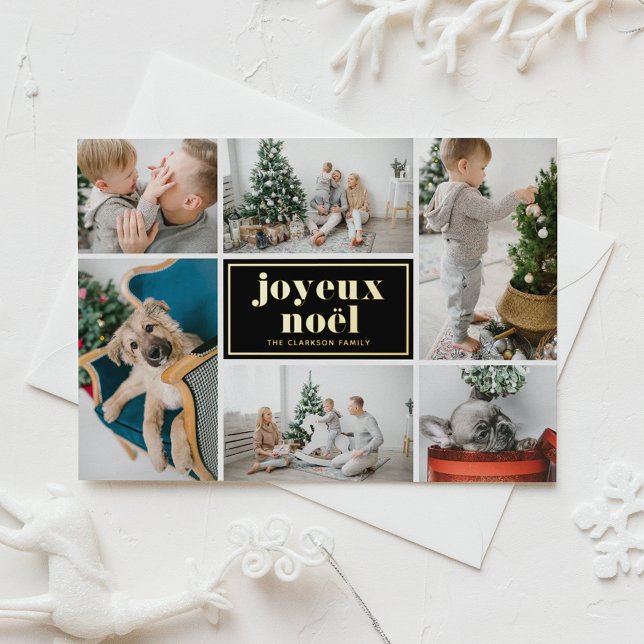 Black Joyeux Noël Retro Typography Photo Collage Foil Holiday Card (Customizable photo collage holiday card featuring joyeux noël in gold foil.)