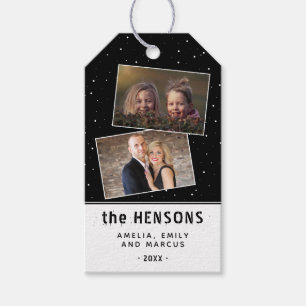 Black Joyful Script Holiday Family 2 Photo Gift Tags
