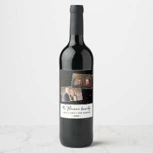 Black Joyful Script Holiday Family 2 Photo Wine Label