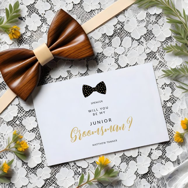 Black Jr Groomsman Vintage Bow Wedding Proposal Postcard (Cute Black & Faux Gold Polka Dots Vintage Bow Tie Junior Groomsman Wedding Proposal Postcard.)