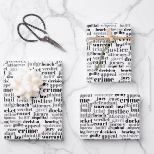 Black Judicial Text Word Cloud on White Wrapping Paper Sheets