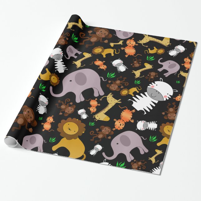Black jungle safari animals wrapping paper (Unrolled)
