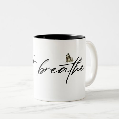 black just breathe text butterfly Two_Tone coffee mug