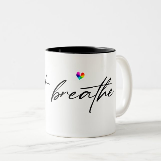 black "just breathe" text with heart Two-Tone coffee mug (Front Right)