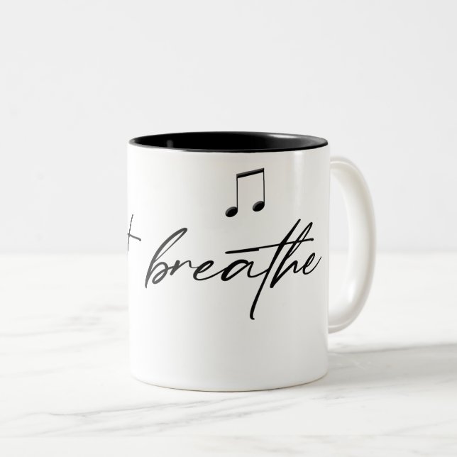 black "just breathe" text with music note Two-Tone coffee mug (Front Right)