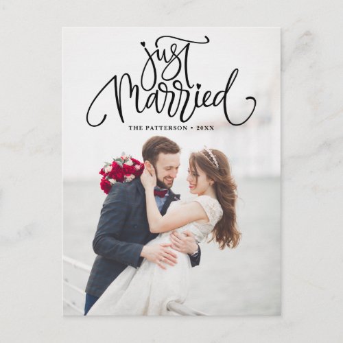 Black Just Married Lettering Photo Wedding Announcement Postcard