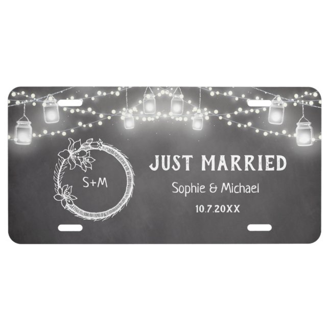 Black Just Married Mason Jar Rustic Wedding License Plate (Front)