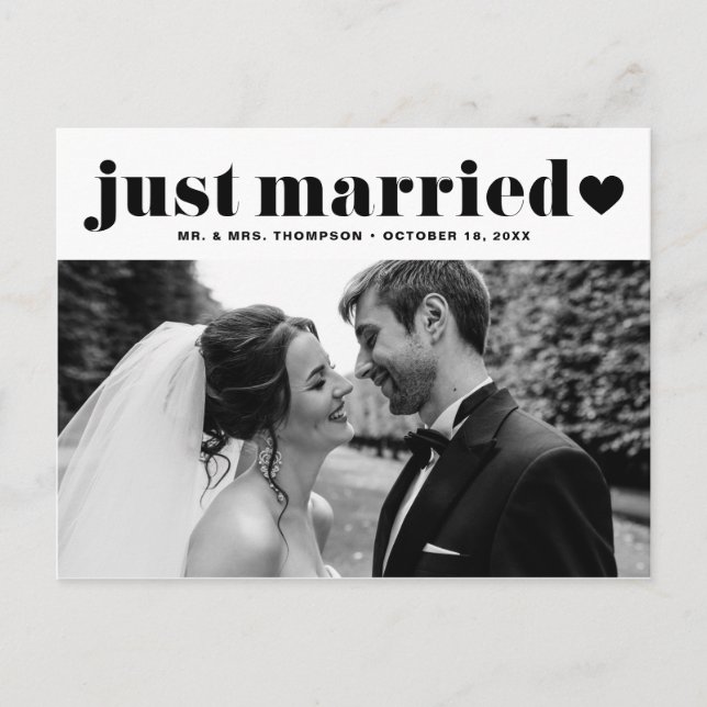 Black Just Married Retro Bold Typography Photo Postcard (Front)