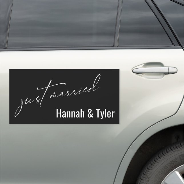 Black Just Married Simple Elegant Typography Car Magnet (In Situ)