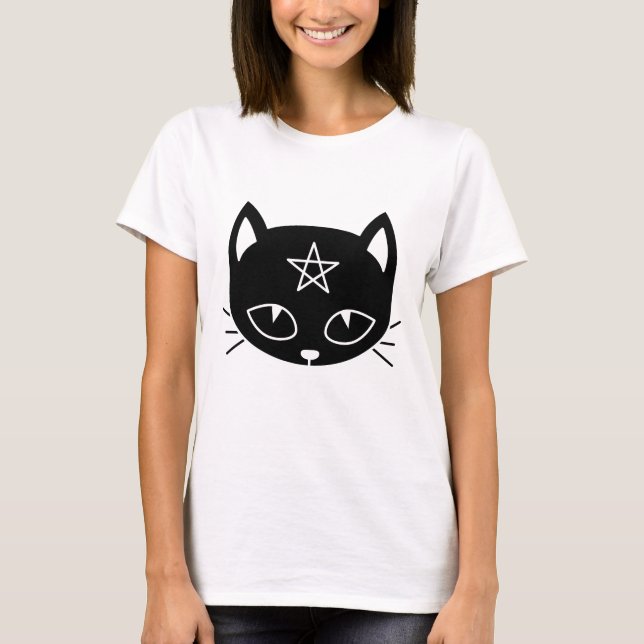 Black Kawaii Pagan Cat T-Shirt (Front)
