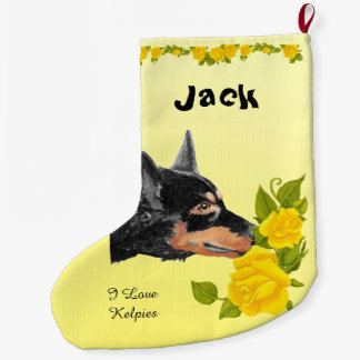 Black Kelpies & Yellow Roses Large Christmas Stocking