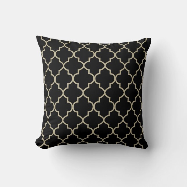 Black & Khaki  Quatrefoil Design Throw Pillow (Front)