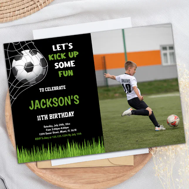 Black kick up some fun Photo Soccer Birthday Invitation | Zazzle