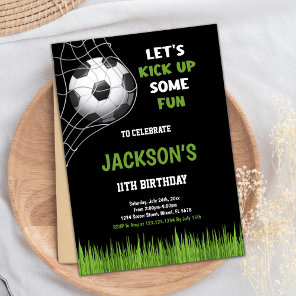 Black kick up some fun Soccer Birthday Invitations