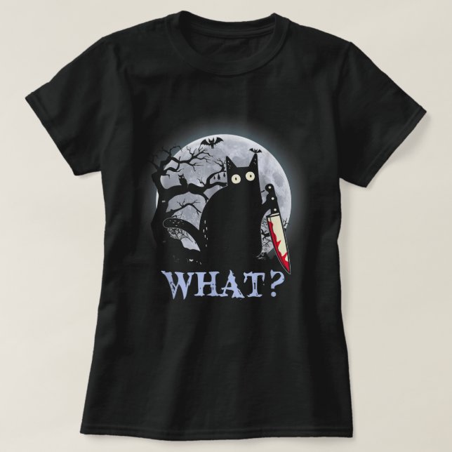 Black Killer Cat Costume Halloween with Knife T-Sh T-Shirt (Design Front)