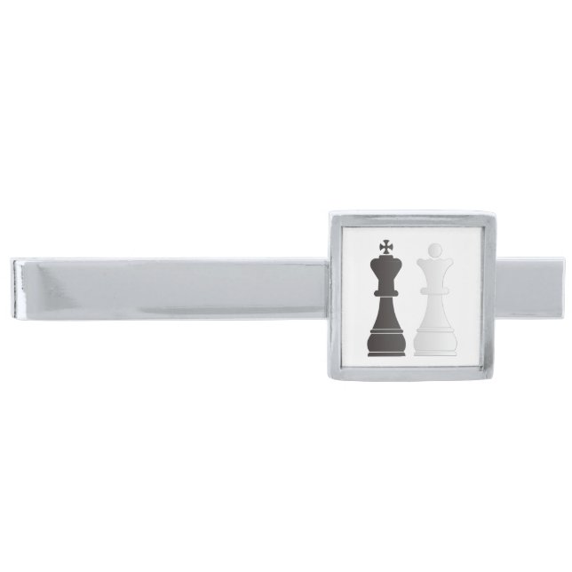 Black king white queen chess pieces silver finish tie clip (Front)