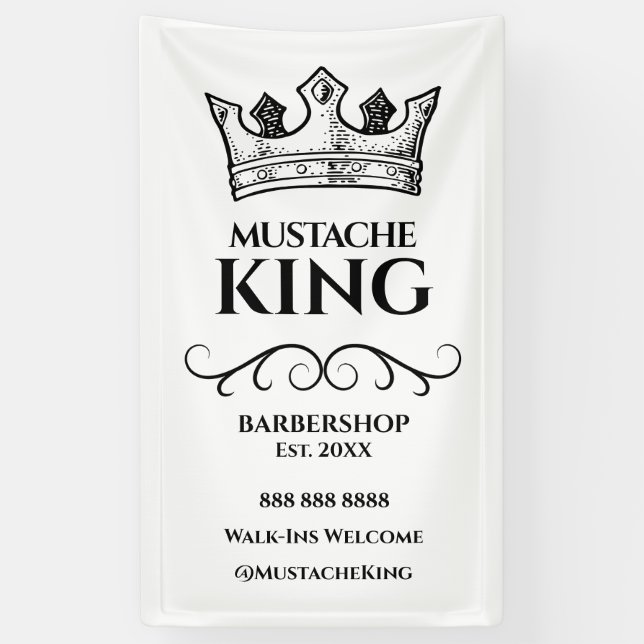 Black King's Crown and Mustache Barbershop Banner (Vertical)