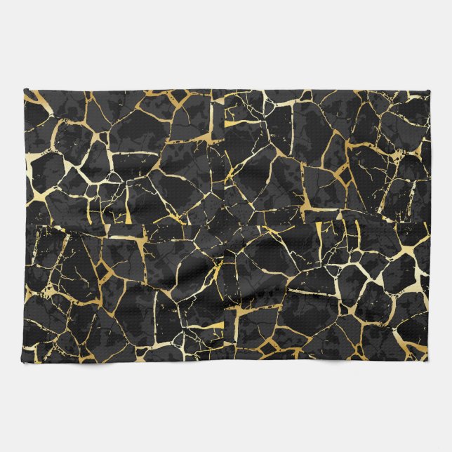 Black Kintsugi Gold Vein  Kitchen Towel (Horizontal)