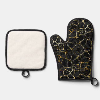 Black Kintsugi Gold Vein  Oven Mitt & Pot Holder Set