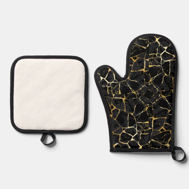 Black Kintsugi Gold Vein  Oven Mitt & Pot Holder Set (Front)