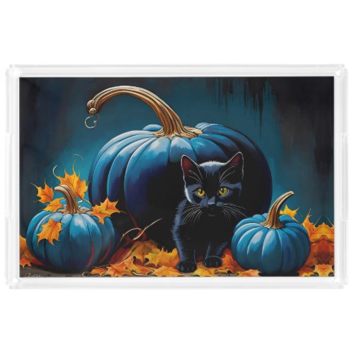 Black Kitten and Blue Moon Pumpkins Autumn Leaves Acrylic Tray
