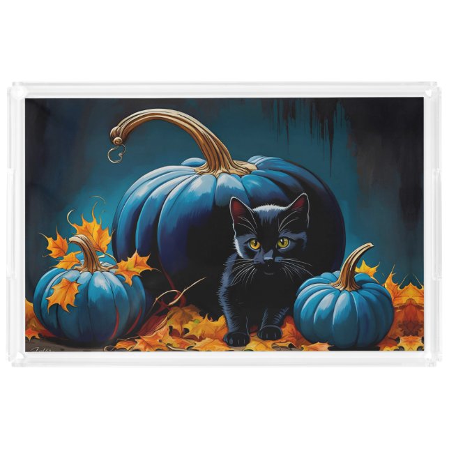 Black Kitten and Blue Moon Pumpkins Autumn Leaves Acrylic Tray (Front)