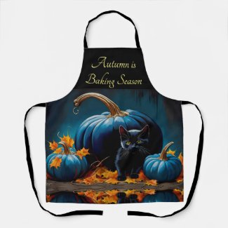Black Kitten and Blue Moon Pumpkins Autumn Leaves