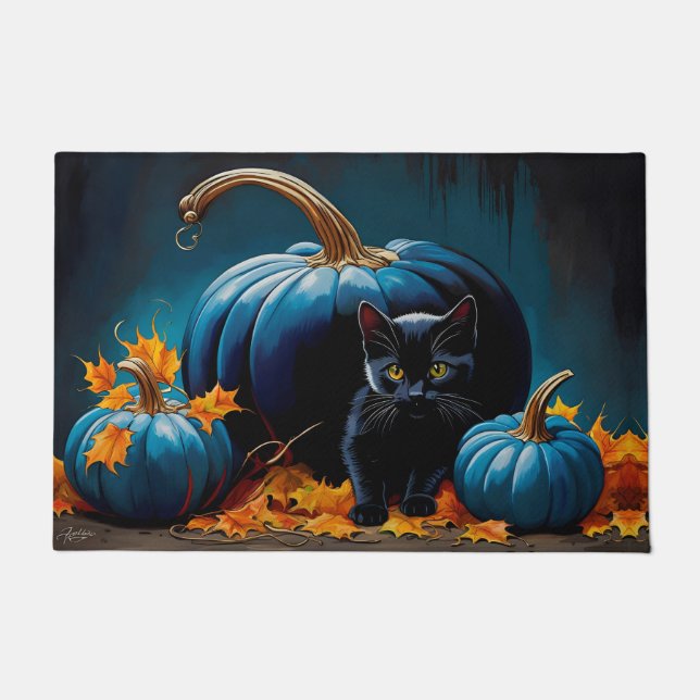 Black Kitten and Blue Moon Pumpkins Autumn Leaves Doormat (Front)