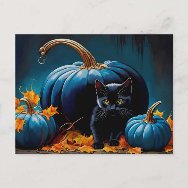 Black Kitten and Blue Moon Pumpkins Autumn Leaves Holiday Postcard (Front)
