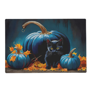 Black Kitten and Blue Moon Pumpkins Autumn Leaves Placemat