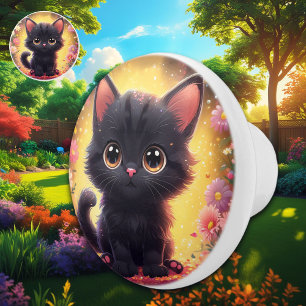 Black Kitten and Flowers Illustration Ceramic Knob