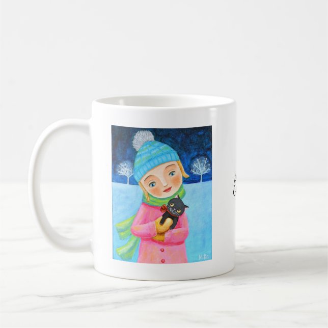 Black Kitten and Girl Cat Lover Gift Custom Name Coffee Mug (Left)