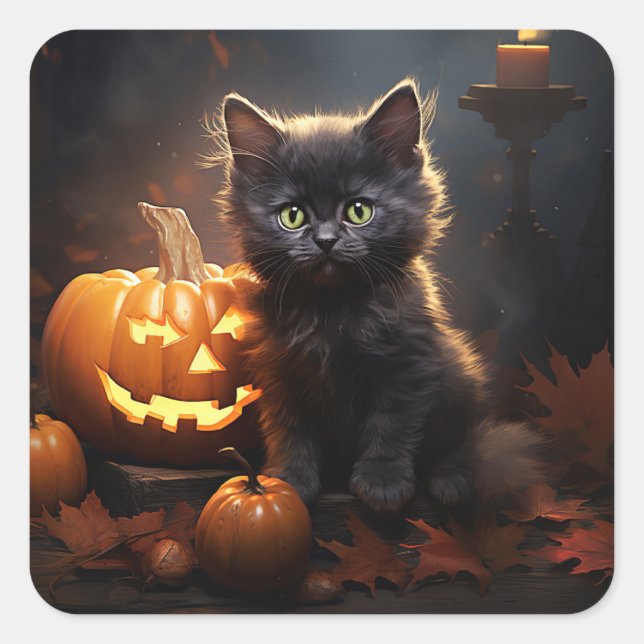 Black Kitten and Jack-O-Lantern, Autumn Leaves  Square Sticker (Front)