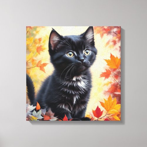 Black Kitten Autumn Scene Canvas Print