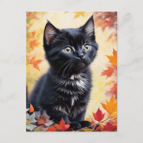 Black Kitten Autumn Scene Flat Card