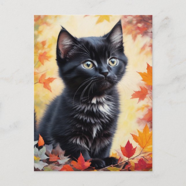 Black Kitten Autumn Scene Flat Card (Front)