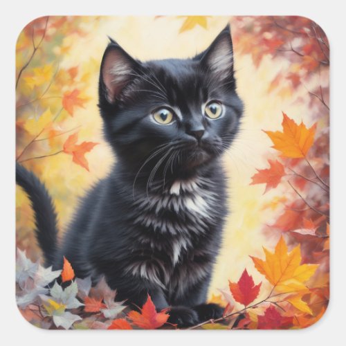 Black Kitten Autumn Scene Flat Card Square Sticker