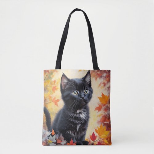 Black Kitten Autumn Scene Flat Card Tote Bag
